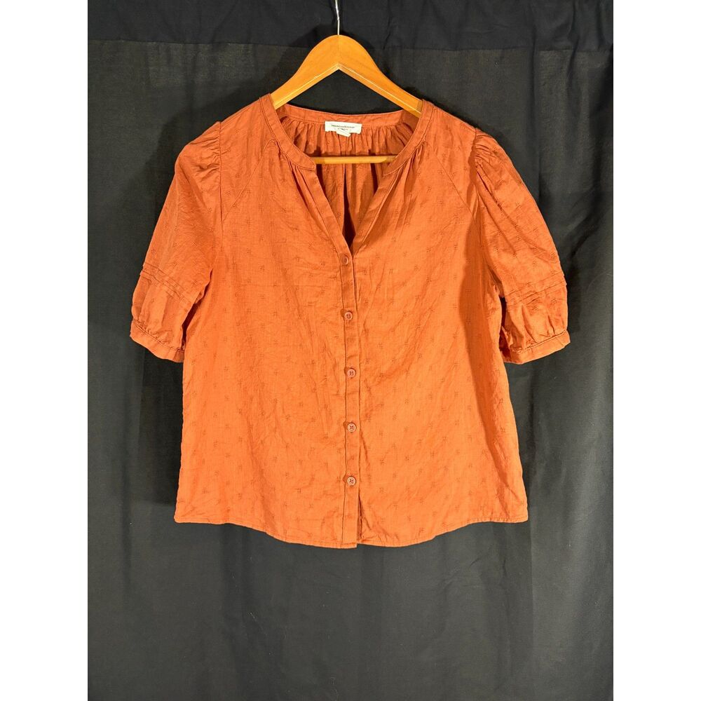 beachlunchlounge Rust Orange Clip Dot Puff Sleeve Button Front Blouse Small